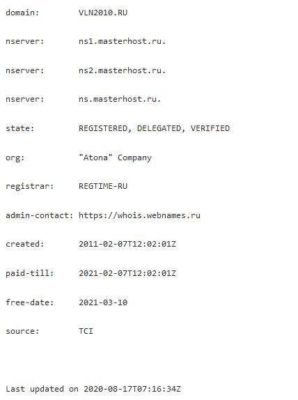 Данные по домену, с которого было отправлено поддельное письмо