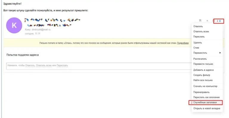 Как посмотреть служебные заголовки электронного письма