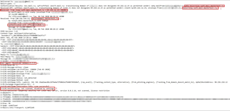 Служебные заголовки поддельного письма